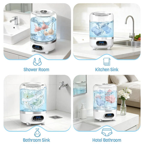 Ultra Compact Cordless Washing Machine in different settings: shower room, kitchen sink, bathroom sink, hotel bathroom.