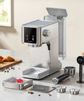 Rock Solid 20 Bar Espresso Maker Stainless Steel Chassis Low Profile with digital screen, accessories, and croissants.