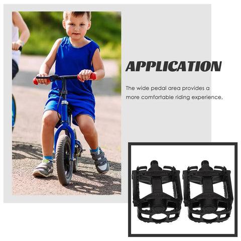 One Pair Non Slip Bicycle Platform Pedals With Textured Grips And Highly Adjustable Shaft next to a child on a bicycle