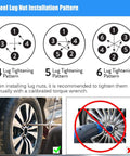 Wheel lug nut installation pattern for Heavy Duty Black 1/2-20 Lug Nuts Set, illustrating tightening sequence and torque wrench use.
