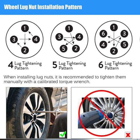 Wheel lug nut installation pattern for Heavy Duty Black 1/2-20 Lug Nuts Set, illustrating tightening sequence and torque wrench use.