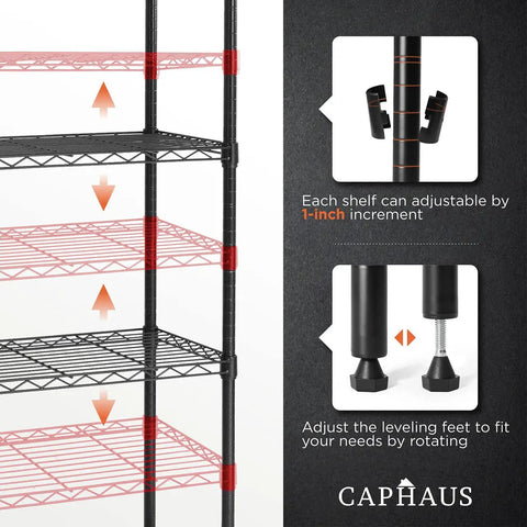 Three To Five Tier Adjustable Height Wire Shelving Unit With Heavy Duty Steel Frame And 250 Lb Per Shelf Capacity For Garage Organizer Pantry Kitchen Utility Storage Black, adjustable shelves