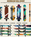 Four Layer Horizontal Skateboard Wall Mount Rack For All Boards And Sizes Boss Wall Storage Organizer displaying boards and skis