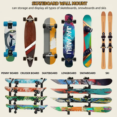 Four Layer Horizontal Skateboard Wall Mount Rack For All Boards And Sizes Boss Wall Storage Organizer displaying boards and skis