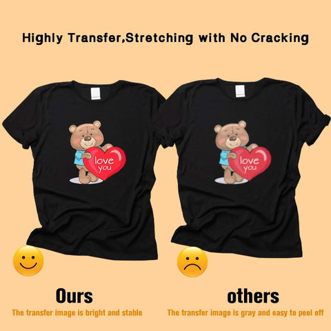 Comparison of two T-shirts with bear design, showing 30 Sheets Dark Fabric Heat Transfer Paper For Diy T Shirt Projects 8.3 X 11.7 Inches Iron On Transfer Paper For Inkjet Printers Washable No Cracking No Fading Easy Application.