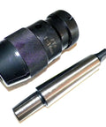 Keyless Drill Chuck With MT3 Morse Taper Arbor Clamping Range One Thirty Second To Five Eighths Inch Self Tightening Keyless Grip For Precise Drilling With Five Thousandths Inch Runout And Durable Quenched Parts, showing drill chuck and arbor.