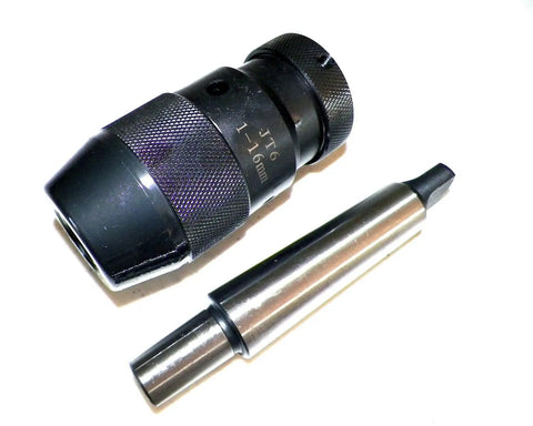 Keyless Drill Chuck With MT3 Morse Taper Arbor Clamping Range One Thirty Second To Five Eighths Inch Self Tightening Keyless Grip For Precise Drilling With Five Thousandths Inch Runout And Durable Quenched Parts, showing drill chuck and arbor.