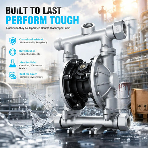 1.5 Inch Air Operated Double Diaphragm Pump With Aluminum Alloy Housing, Oil Free Pneumatic Transfer Pump, Dry Run Safe, Built Tough AODD Pump For Industrial Fluids And Chemical Handling. Aluminum alloy air-operated double diaphragm pump