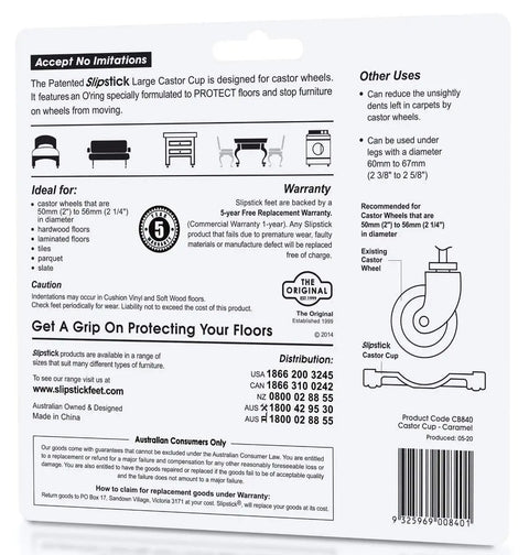 Packaging of Large Caramel Caster Cups For 2 Inch Wheels Up To 2-1/4 Inch Wide Bed Roller And Furniture Gripper Caps Set Of 4