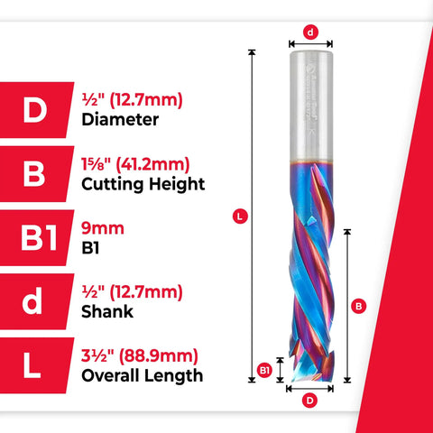Spektra Heavy Duty Tool Life Solid Carbide CNC Compression Spiral Router Bit dimensions chart with 3-flute design