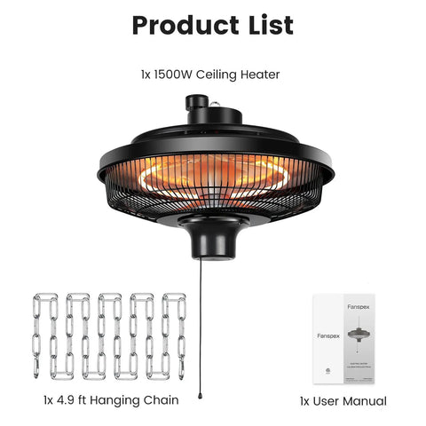 Hanging Patio Heater 1500W Infrared Ceiling Mount Heats Quickly In 3 Seconds With Adjustable Height Overheat Protection
