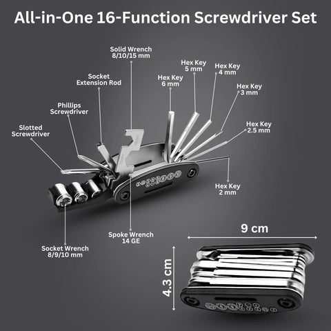 Multi-tool kit with 16 functions including screwdriver and wrenches, part of Assioma Duo-Shi IP67 Dual-Sided Power Meter Pedals kit.
