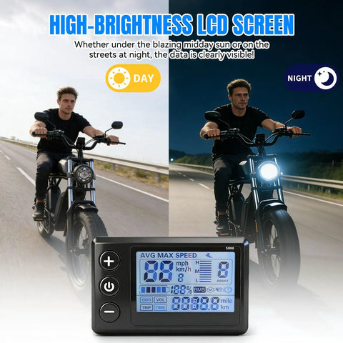 High Bright LCD Display Meter for Electric Scooters showing day and night usage, compatible with 24V 36V 48V systems on Ridstar Q20, YVY.