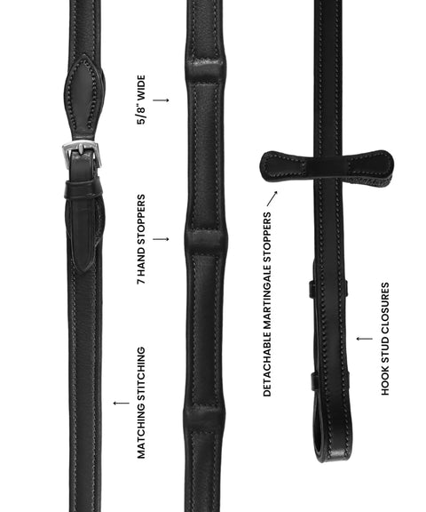 Ultra Soft Calf Skin Leather Loop Reins With Seven Hand Stops, Black Vegetable Tanned Leather, Full Size shown in detail