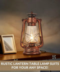 Industrial Rustic Lantern Table Lamp With Old Fashioned Oil Lamp Vibe For Farmhouse Bedroom Nightstand Hallway Study Room Vintage Night Light With Warm Glow And Cozy Desk Accent featuring iron and glass on a wooden table with photo frame.