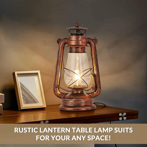 Industrial Rustic Lantern Table Lamp With Old Fashioned Oil Lamp Vibe For Farmhouse Bedroom Nightstand Hallway Study Room Vintage Night Light With Warm Glow And Cozy Desk Accent featuring iron and glass on a wooden table with photo frame.