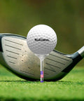 Plastic Golf Tees 3 1/4 Inches, 50 Pack, Unbreakable Tees With Cup Prongs shown with golf ball and driver on grass