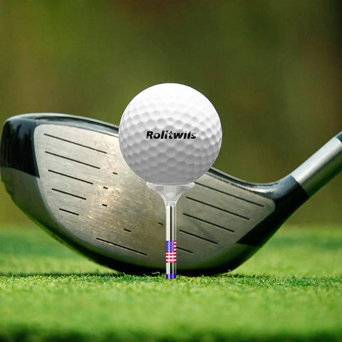 Plastic Golf Tees 3 1/4 Inches, 50 Pack, Unbreakable Tees With Cup Prongs shown with golf ball and driver on grass