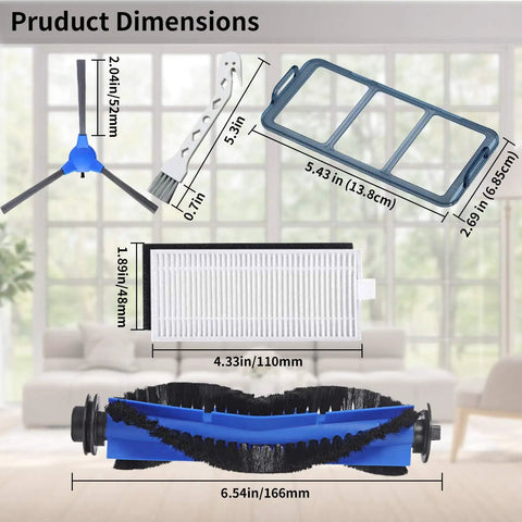 Replacement Parts Kit For RoboVac 11S, 30, 30C, 15C, 12, 35C dimensions shown with filters and brushes in room setting