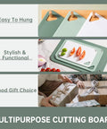 Set Of 3 Plastic Cutting Boards For Kitchen BPA Free Non Slip Dishwasher Safe Reversible With Grip Handles Large And Small Chopping Surfaces 15 Inch By 10 Inch By 0.25 Inch Green shown hanging, in use, and as a gift.
