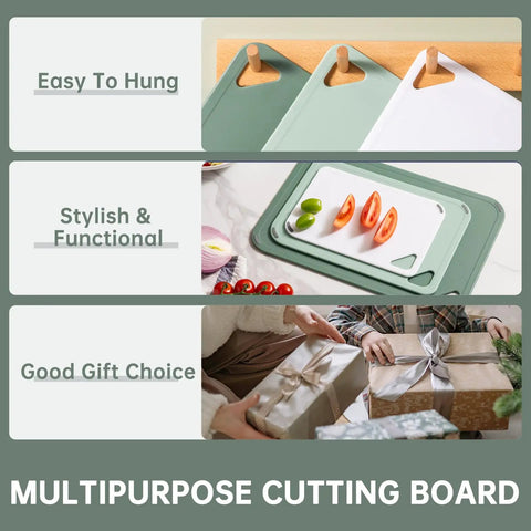 Set Of 3 Plastic Cutting Boards For Kitchen BPA Free Non Slip Dishwasher Safe Reversible With Grip Handles Large And Small Chopping Surfaces 15 Inch By 10 Inch By 0.25 Inch Green shown hanging, in use, and as a gift.