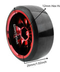 Close-up of 4 Pack 2.45 Inch Hard Plastic RC Drift Tires With 12mm Hex On Road Touring Bald Wheels Red For 1 To 10 Scale RC Cars And Trucks Universal Match For Traxxas Tamiya Kyosho HSP WLtoys, showing measurements and 12mm hex hub.