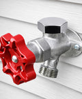 Outdoor faucet with red handle and stainless steel cap, part of Two Pack Vacuum Breaker Repair Kit For Outside Faucets, Stainless Steel Anti Siphon Frost Free Sillcock Valves Replacement, With Cap, Plunger And O Ring Seal.