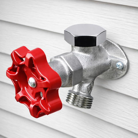 Outdoor faucet with red handle and stainless steel cap, part of Two Pack Vacuum Breaker Repair Kit For Outside Faucets, Stainless Steel Anti Siphon Frost Free Sillcock Valves Replacement, With Cap, Plunger And O Ring Seal.