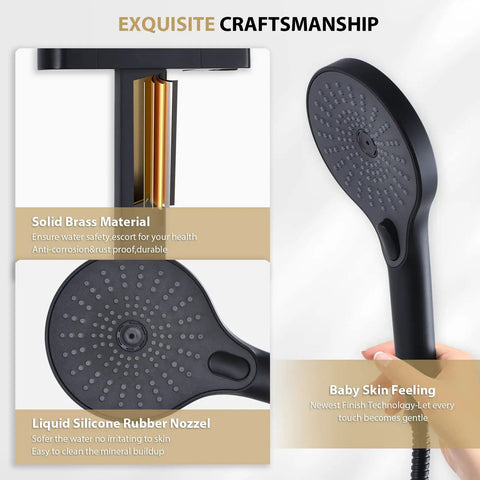 Close-up of Matte Black Shower Kit With Slide Bar And Handheld Shower Head Brass Hose, featuring solid brass and silicone nozzle