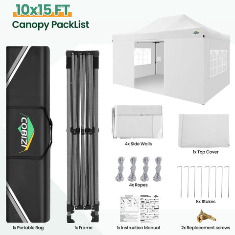 10x15 Heavy Duty Pop Up Canopy Tent With 4 Sidewalls For Outdoor Weddings And Parties All Season Windproof Waterproof Gazebo With Durable Steel Frame And Included Carry Bag components