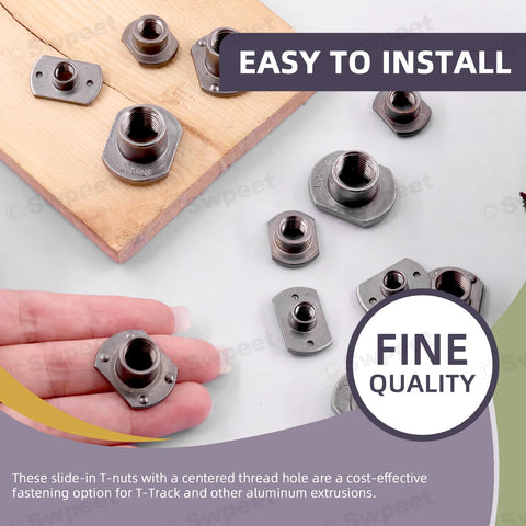 Solid As A Rock M10 T Shaped Weld Nuts 10 Piece Black Carbon Steel Tab Fasteners With UNC Threads And Four Millimeter Projection hand-held, showing detail on a wooden surface.