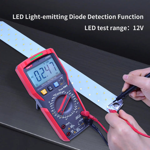 Pro Grade Digital Multimeter With TRMS 6000 Counts Reads 1000V AC DC testing LED with probes on hands