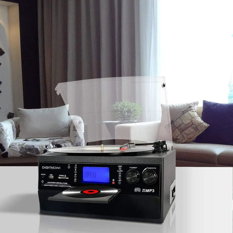 DigitaNow Nine In One Turntable With Speakers 3 Speed Records Player Cd Cassette Radio Bluetooth Aux Usb And SD Card Support For Vinyl Lovers Black Finish Vintage Style Home Audio System in a cozy living room setting.