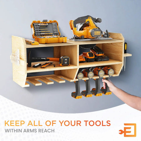 Power Tool Organizer Wall Mount With Magnetic Holder And Slots For Cordless Drill Storage In Woodshop Large Capacity Garage Rack To Hold Drills Tools And More