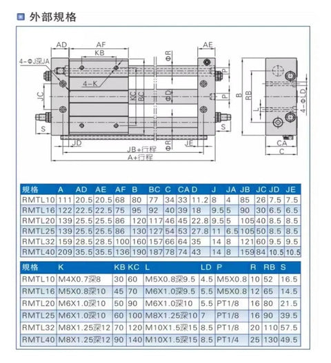 Premium Rodless Cylinder Guide Rod RMTL Series Pneumatic Component dimensions and specifications chart for 10mm size.