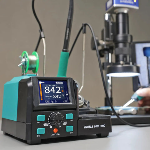 Close-up of a Two In One Microsoldering Station With Precision Iron And Hot Tweezers, showing temperature display and controls.