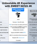 Emeet Nova 4K webcam specifications, showcasing features like 4K clarity, dual noise-canceling mics, and tripod compatibility.