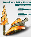 Close-up of Four Spiral Flute Step Drill Bit Set For Metal And Wood Five Piece High Speed Steel Unibit Kit, showing flame design and dimensions.
