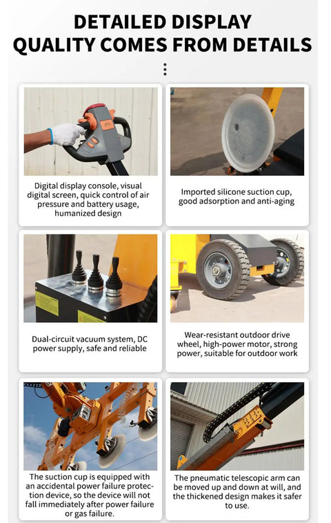 Bad Boy Heavy Duty Mobile Electric Vacuum Suction Cup Cart With Aluminum Frame For Glass Installation and Industrial Assembly Lifting Handles controls and features overview.