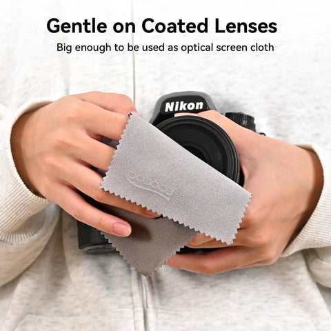 Ultra Soft Microfiber Cleaning Cloths 3 Pack For Eyeglasses, Phones, Screens, Lenses And Delicate Electronics in use on camera lens