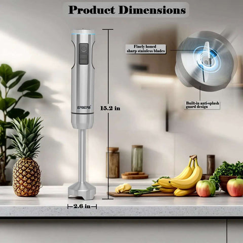 Heavy Duty Twelve In One Immersion Blender Bundle Featuring Kickass 1000 Watt Motor, showcasing dimensions with stainless steel design.