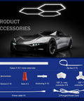 Linkable Hexagon LED Garage Light Kit showing components including hex panels, power cord, and connectors with a car background