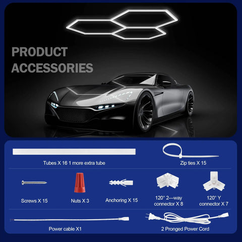 Linkable Hexagon LED Garage Light Kit showing components including hex panels, power cord, and connectors with a car background