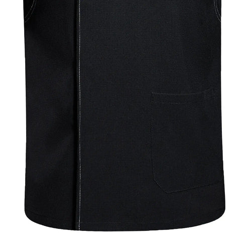 Close-up of black fabric with white stitching and pocket detail of Lock In Your Kitchen Grind With This Fresh Modern Fit Short Sleeve Chef Coat Jacket Double Breasted Breathable Restaurant Catering Uniform Shirt For Dedicated Cooks And Chefs.