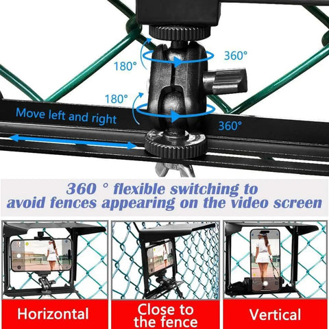Fence Mount With Sun Shield For Phones And Action Cameras showing 360-degree rotation and multi-angle setup on a chain-link fence.