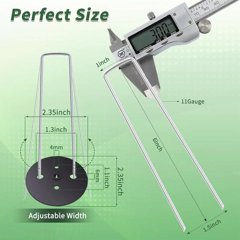 Diagram showing dimensions of 6-inch landscape staple with gasket washer and caliper measurement of heavy duty metal stake.