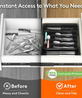 Slick Expandable Silverware Drawer Organizer With Adjustable Dividers For No Sweat Kitchen Storage And Quick Grab Cutlery Access Pretty Darn Spacious Layout Built To Last, showing chaotic versus organized drawer.