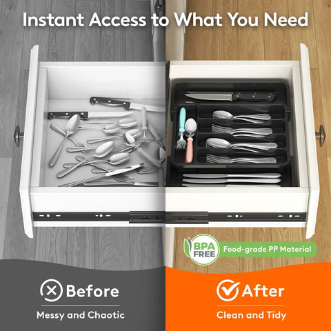 Slick Expandable Silverware Drawer Organizer With Adjustable Dividers For No Sweat Kitchen Storage And Quick Grab Cutlery Access Pretty Darn Spacious Layout Built To Last, showing chaotic versus organized drawer.