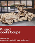 Winged Sports Coupe 1:24 Wooden Model Kit for Adults, DIY 3D Puzzle Car With Gull Wing Design, Pull Back Ratchet Key Action, Realistic Details, Gearhead Approved Auto Hobby Favorite. Open wooden coupe model with gull-wing doors