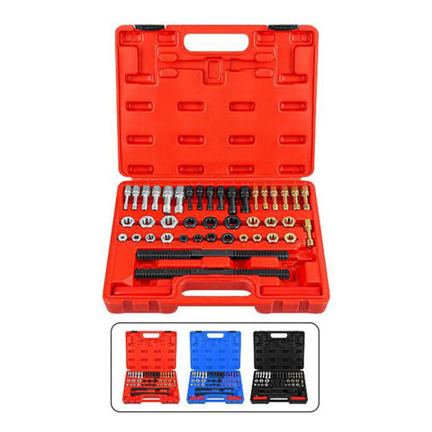 Super Cool 45 Piece Thread Repair Tool Kit That Fixes Stripped Screws Like A Pro, Includes Sturdy Alloy Taps And Dies With Handy Storage Box For Any Auto Or Diy Job. Red case open with 45 alloy thread repair taps and dies
